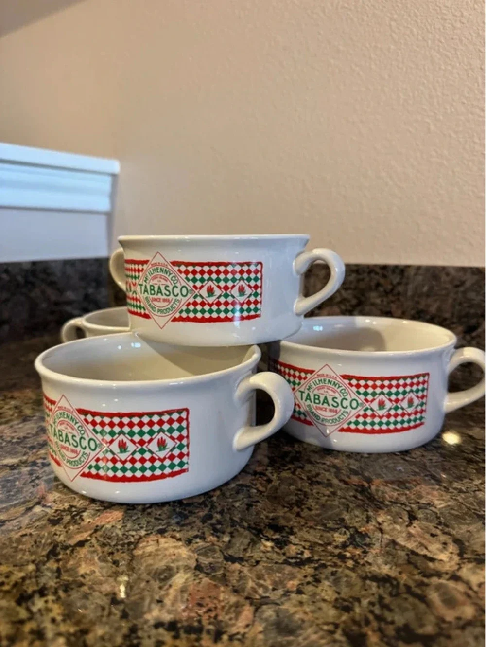 Set of 4 Vintage Tabasco double-handled ceramic soup made by Houston Harvest